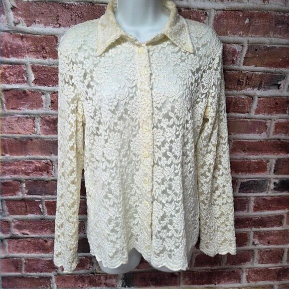 Vintage Maria Bellesi Lace Floral Blouse – Women’s Size 12 Cream Button Up Top - Picture 1 of 8